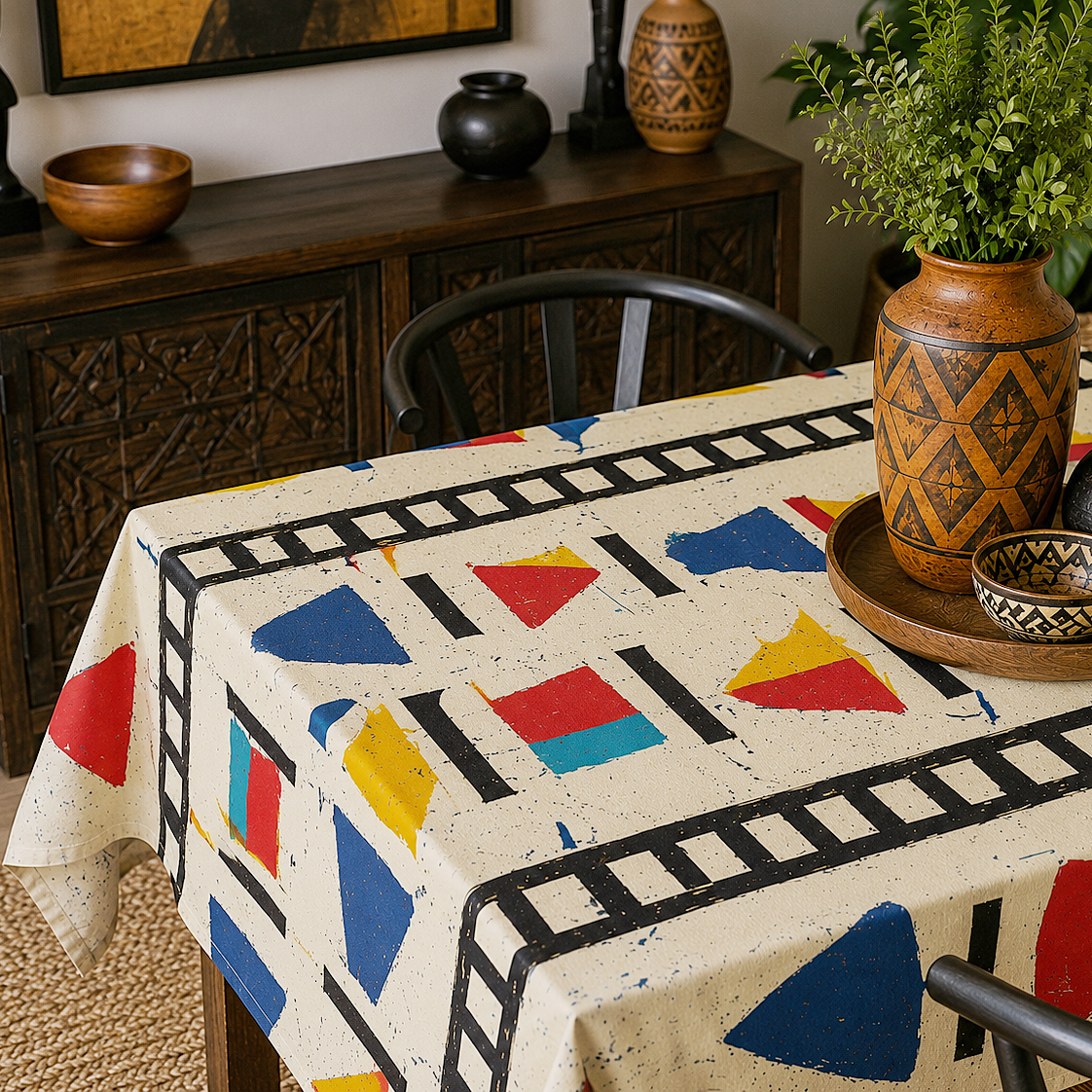 A rectangular table covered with a cream tablecloth featuring bold geometric patterns in blue, red, yellow, and black, styled in a dining room setting with chairs, a wooden sideboard, and decorative vases.