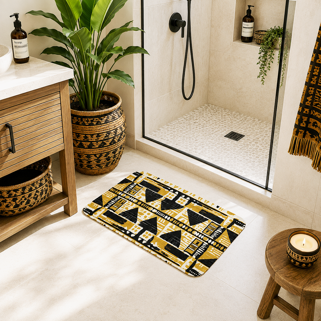 Alfombrilla de baño de tela con efecto barro amarillo y negro