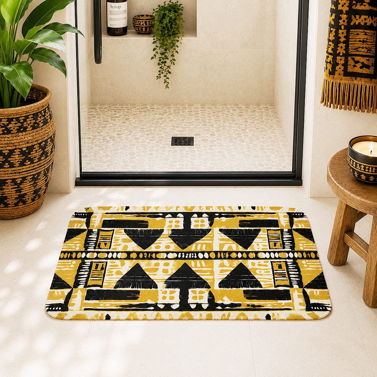 Alfombrilla de baño de tela con efecto barro amarillo y negro