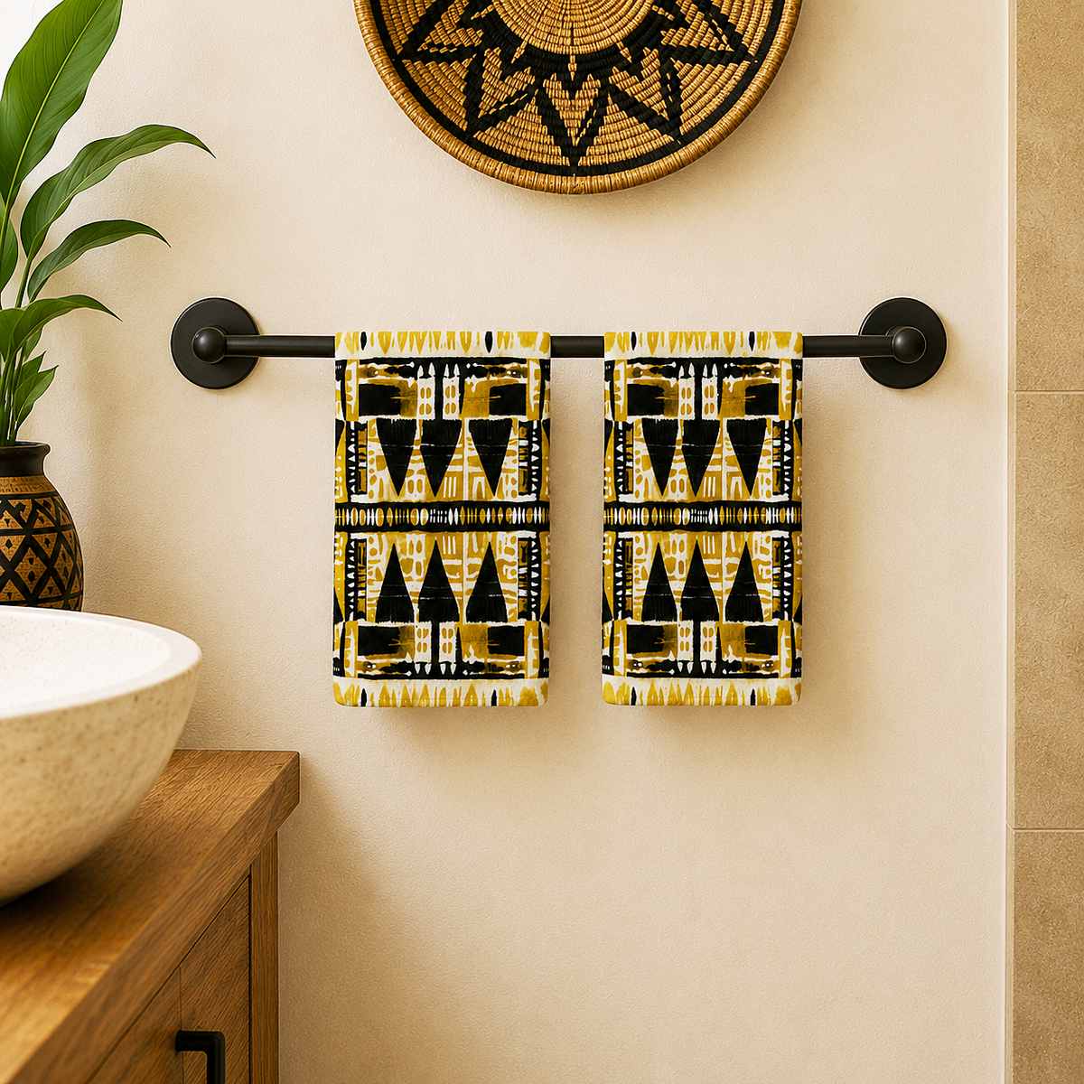 Yellow & Black Mudcloth Hand Towel
