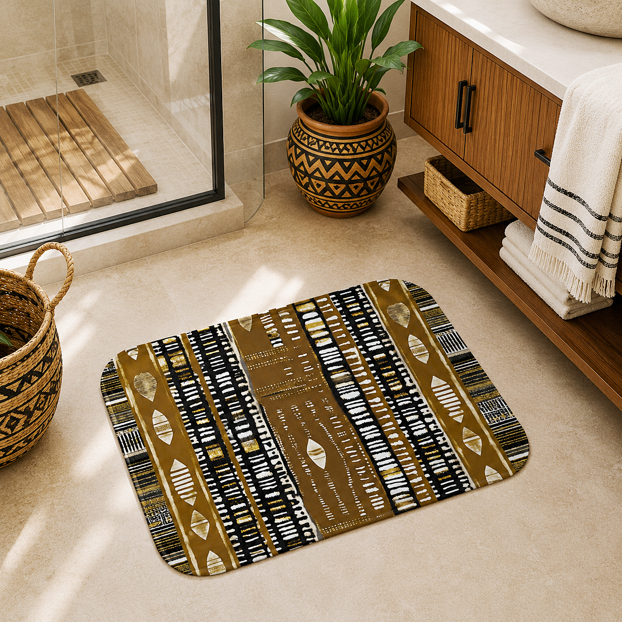 Alfombrilla de baño MudCloth de color dorado metalizado