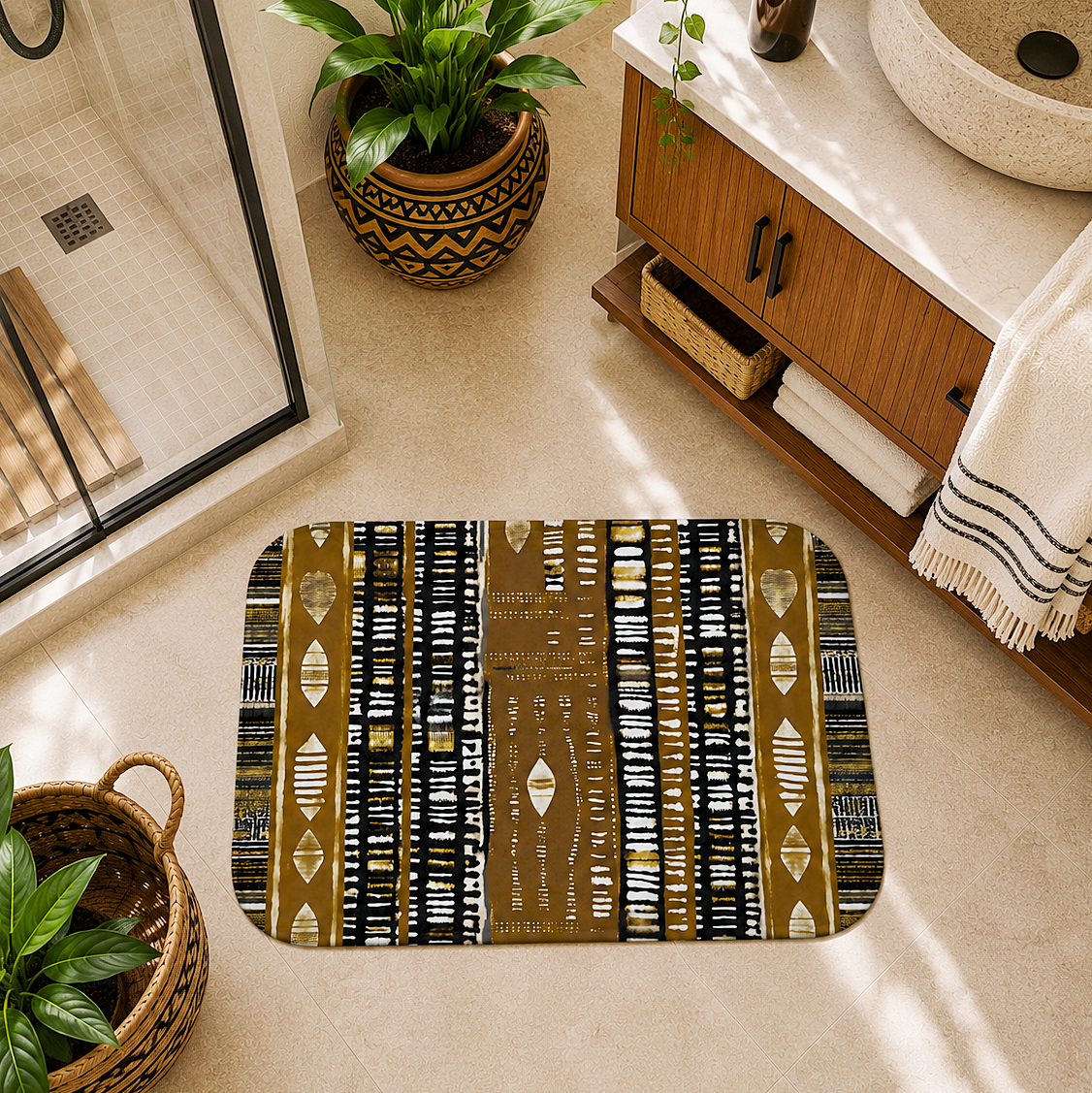 Alfombrilla de baño MudCloth de color dorado metalizado