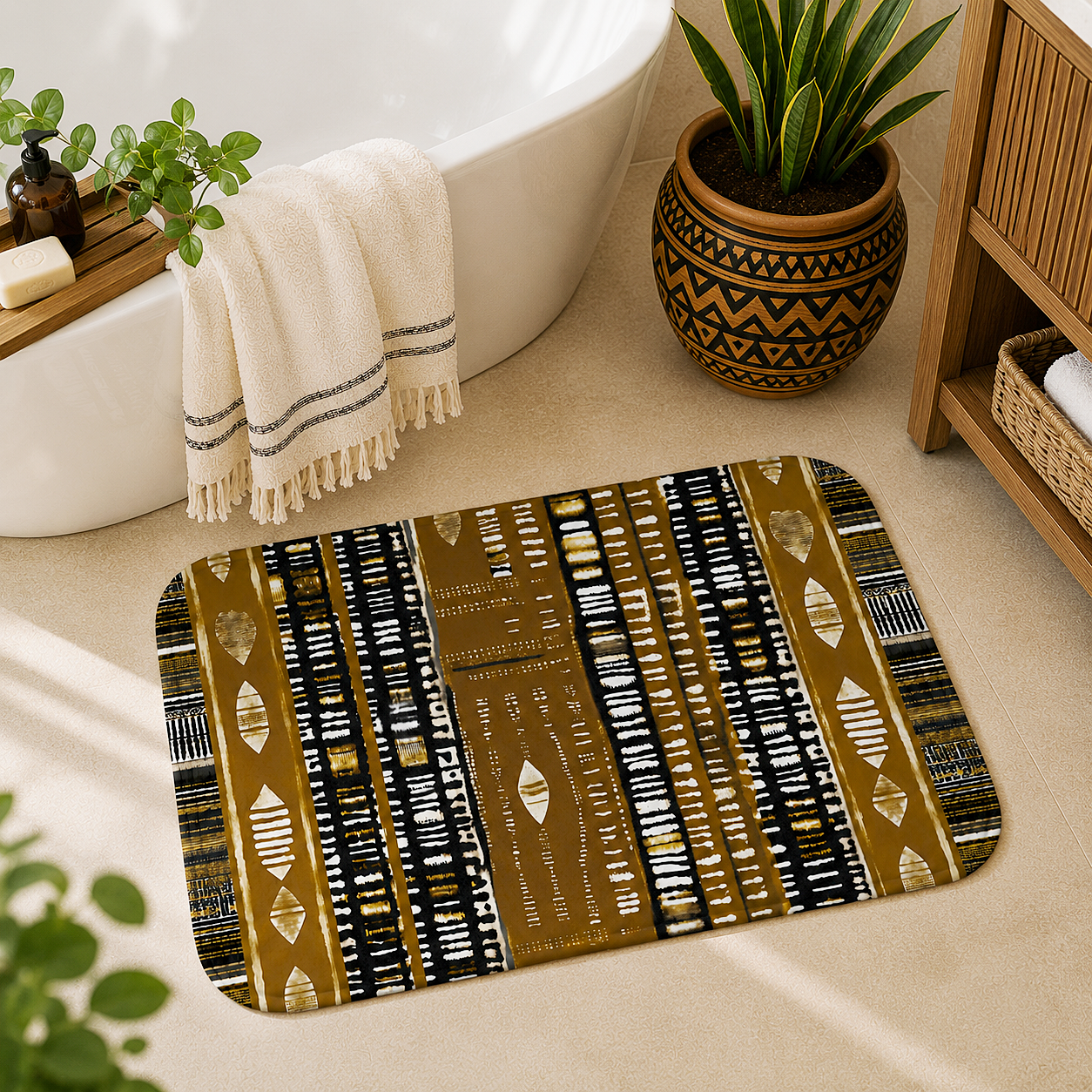 Alfombrilla de baño MudCloth de color dorado metalizado