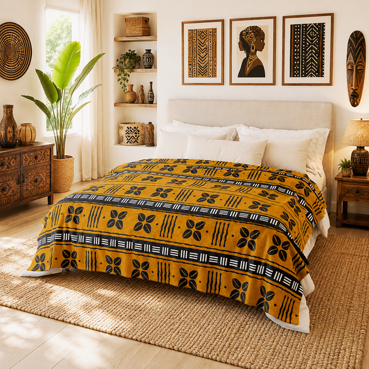 A styled bedroom scene showing a bed made with a mustard yellow patterned blanket or comforter featuring black geometric and floral motifs. The room includes a beige upholstered headboard, white pillows, a woven rug, shelving, framed wall art, a plant, and a bedside lamp.