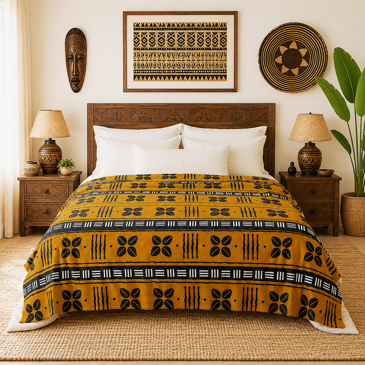 A styled bedroom scene with a bed dressed in a mustard yellow and black patterned blanket, flanked by matching bedside tables and lamps, with wall decor and a potted plant in a real interior setting.