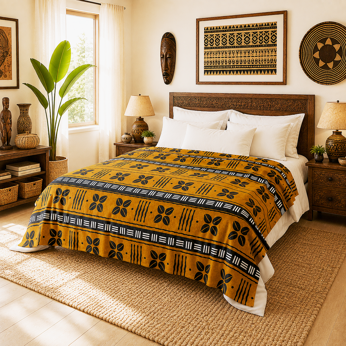 A styled bedroom scene showing a bed made with a mustard yellow and black patterned comforter or duvet. The room has warm neutral tones, wooden furniture, lamps, wall art, a plant, and woven decor, with no people or animals present.