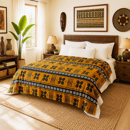 A styled bedroom scene showing a bed made with a mustard yellow and black patterned comforter or duvet. The room has warm neutral tones, wooden furniture, lamps, wall art, a plant, and woven decor, with no people or animals present.