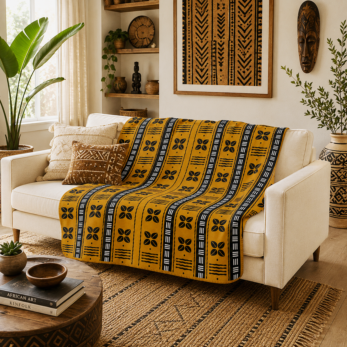 A yellow and black patterned throw blanket with vertical stripes and geometric motifs is draped over a cream-colored sofa in a styled living room setting.