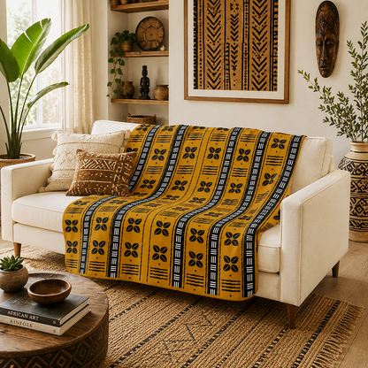 A yellow and black patterned throw blanket with vertical stripes and geometric motifs is draped over a cream-colored sofa in a styled living room setting.
