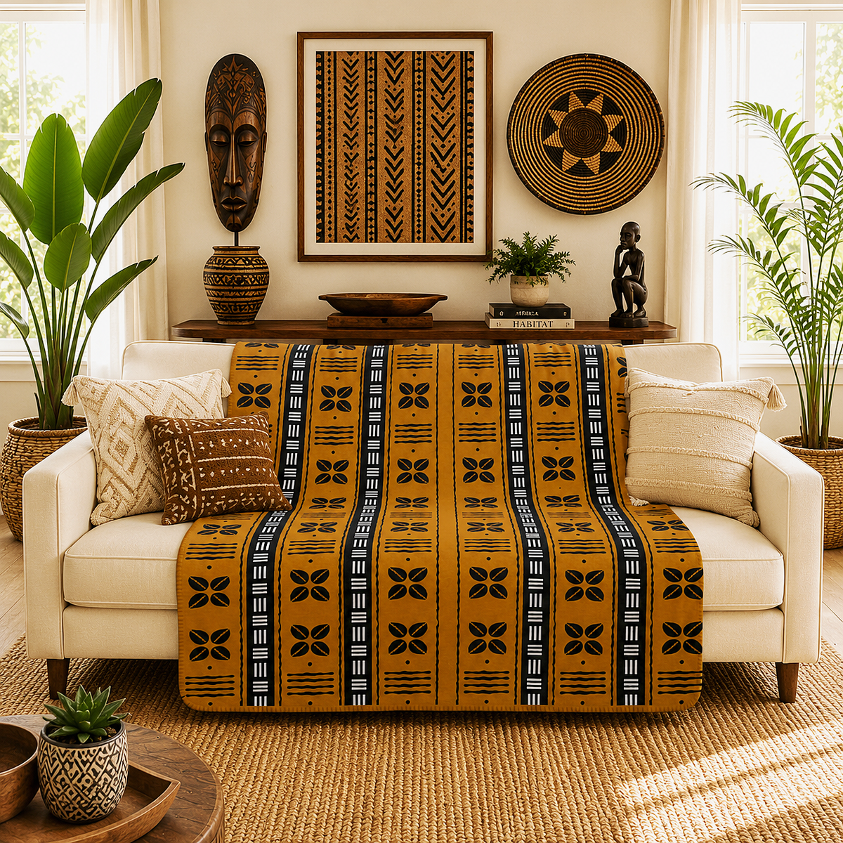 A mustard yellow and black patterned woven throw blanket draped over a cream sofa in a styled living room with plants, wall art, and neutral decor.