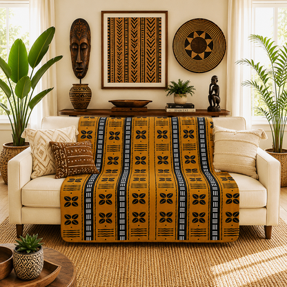 A mustard yellow and black patterned woven throw blanket draped over a cream sofa in a styled living room with plants, wall art, and neutral decor.