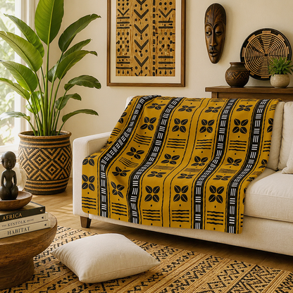 A mustard yellow and black patterned woven throw blanket draped over a white sofa in a styled living room.