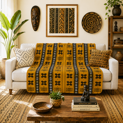 A mustard yellow and black patterned woven throw blanket draped over a white sofa in a styled living room. The scene includes matching patterned pillows, a wooden coffee table, a rug, wall art, and houseplants.