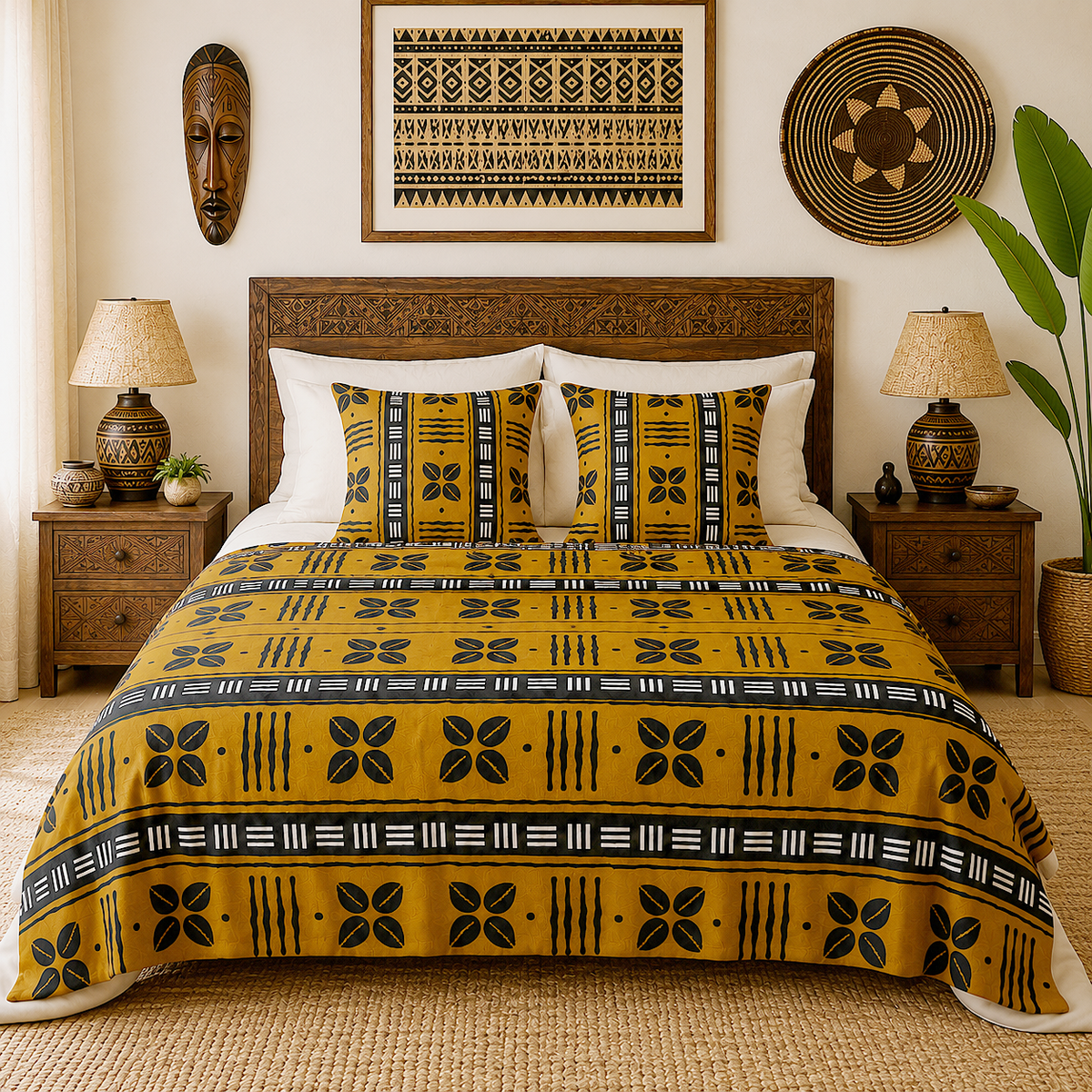 A styled bedroom scene showing a bed made up with a mustard yellow and black geometric patterned comforter and matching pillow shams, flanked by wooden nightstands, lamps, wall art, and a plant.
