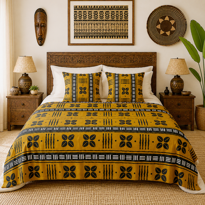 A styled bedroom scene showing a bed made up with a mustard yellow and black geometric patterned comforter and matching pillow shams, flanked by wooden nightstands, lamps, wall art, and a plant.