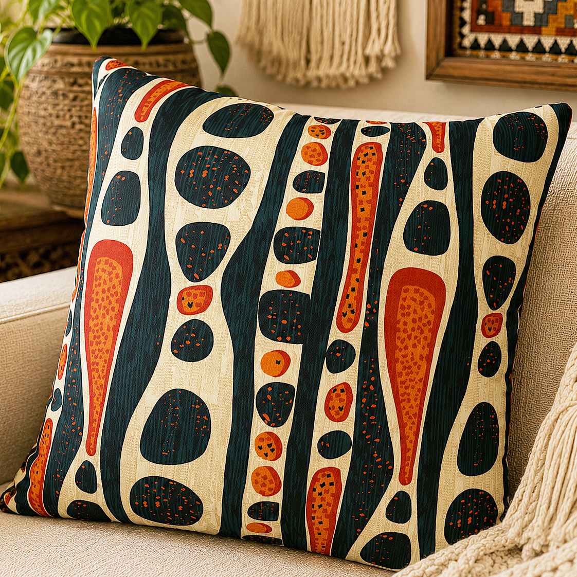 A square throw pillow with a mid-century modern abstract pattern in navy, terracotta orange, and cream, resting on a beige sofa in a cozy living room setting.