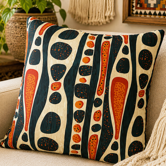 A square throw pillow with a mid-century modern abstract pattern in navy, terracotta orange, and cream, resting on a beige sofa in a cozy living room setting.