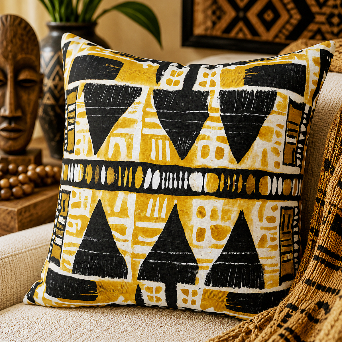 Yellow Black Mudcloth Pillow Cover