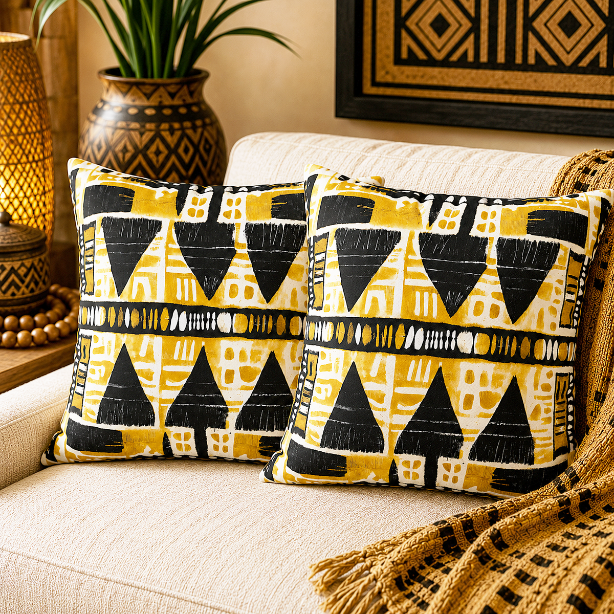 Yellow Black Mudcloth Pillow Cover