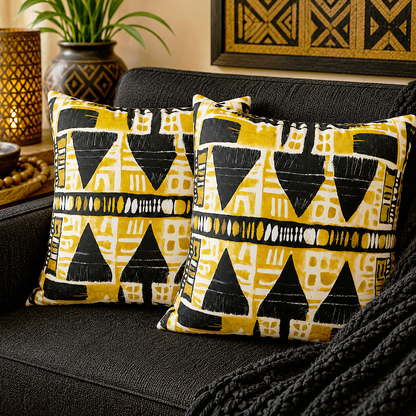 Yellow Black Mudcloth Pillow Cover