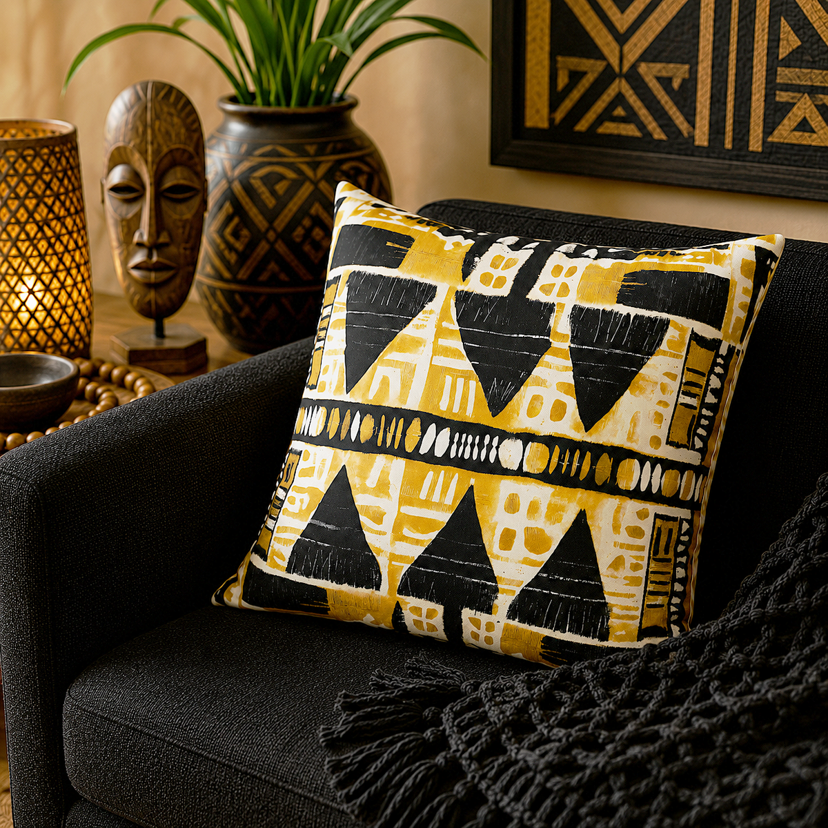 Yellow Black Mudcloth Pillow Cover