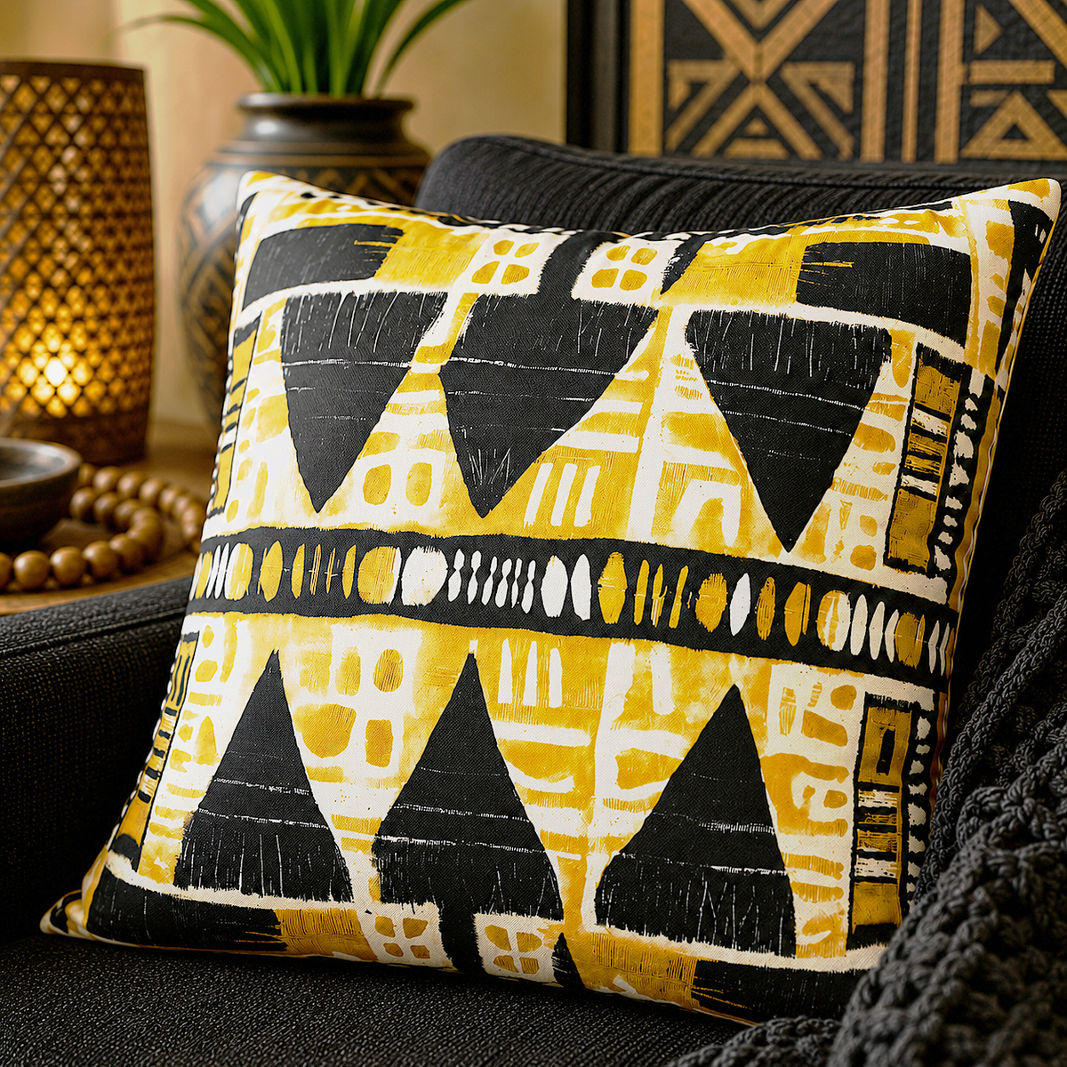 Yellow Black Mudcloth Pillow Cover