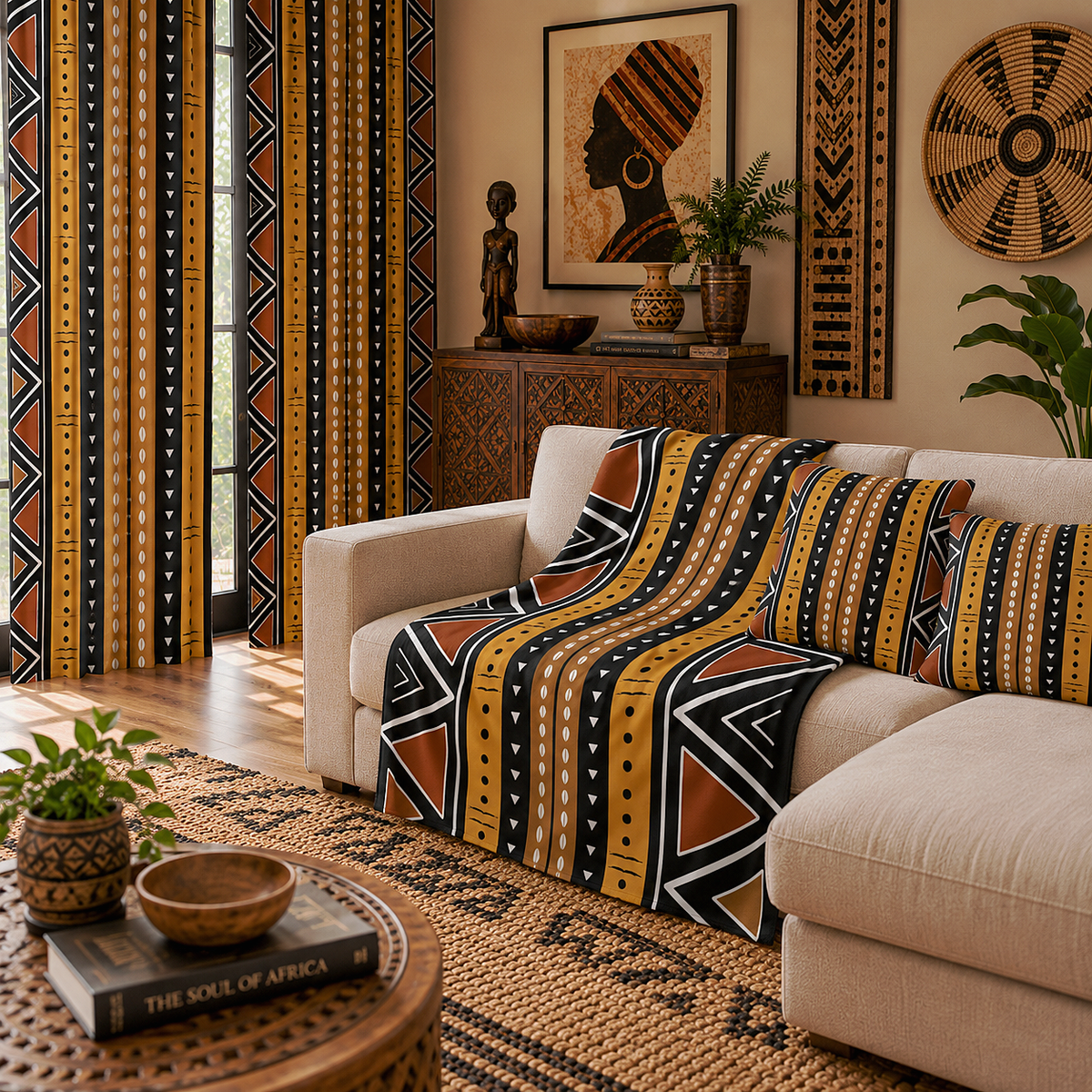 A styled living room featuring a beige sectional sofa draped with a patterned throw blanket, matching curtains, and a woven rug. The textile set displays a bold African-inspired geometric pattern in mustard yellow, black, and brown.