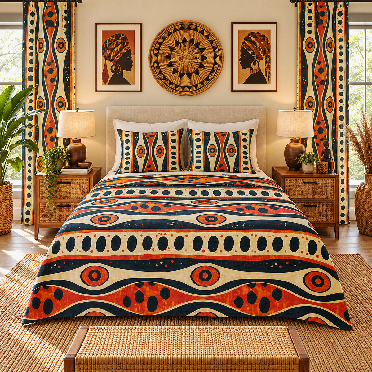 A styled bedroom scene showing a bed dressed in a bold African-inspired geometric patterned comforter and matching pillow shams, with matching patterned curtains, bedside tables, lamps, framed wall art, and plants.