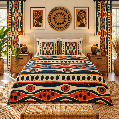 A styled bedroom scene showing a bed dressed in a bold African-inspired geometric patterned comforter and matching pillow shams, with matching patterned curtains, bedside tables, lamps, framed wall art, and plants.