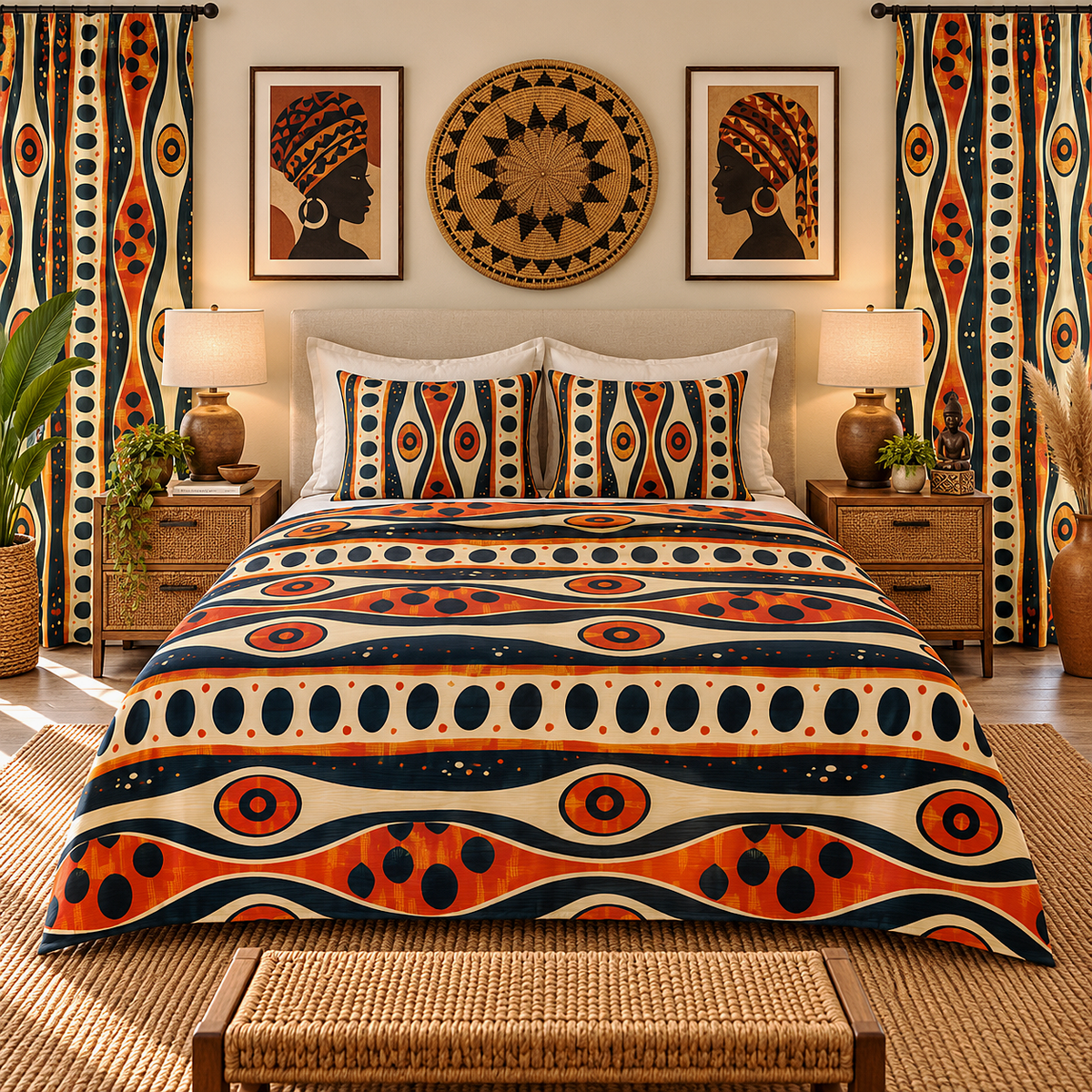 A styled bedroom scene showing a bed made with a bold geometric patterned bedding set. The duvet cover and two matching pillow shams feature wavy bands of navy blue, terracotta orange, cream, and black.