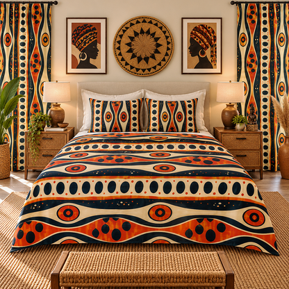 A styled bedroom scene showing a bed made with a bold geometric patterned bedding set. The duvet cover and two matching pillow shams feature wavy bands of navy blue, terracotta orange, cream, and black.