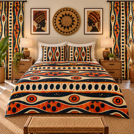 A styled bedroom scene showing a bed made with a bold geometric patterned bedding set. The duvet cover and two matching pillow shams feature wavy bands of navy blue, terracotta orange, cream, and black.