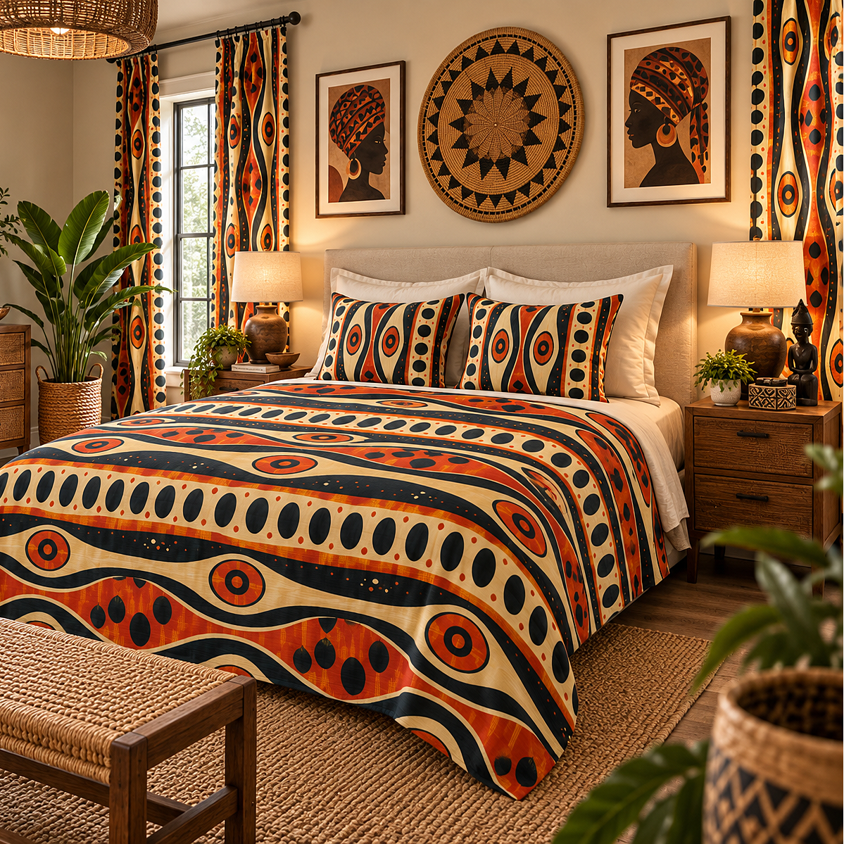 A styled bedroom featuring a bed dressed in a bold African-inspired patterned duvet cover and matching pillow shams. The pattern consists of geometric circles, dots, and stripes in orange, navy blue, black, and cream.