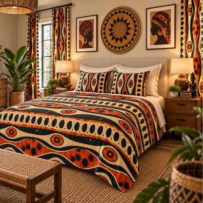 A styled bedroom featuring a bed dressed in a bold African-inspired patterned duvet cover and matching pillow shams. The pattern consists of geometric circles, dots, and stripes in orange, navy blue, black, and cream.