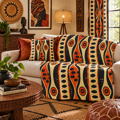 A beige sofa in a styled living room is covered with a bold patterned throw blanket and matching pillows. The textile features large abstract vertical shapes in orange, cream, black, and navy, with circular motifs.