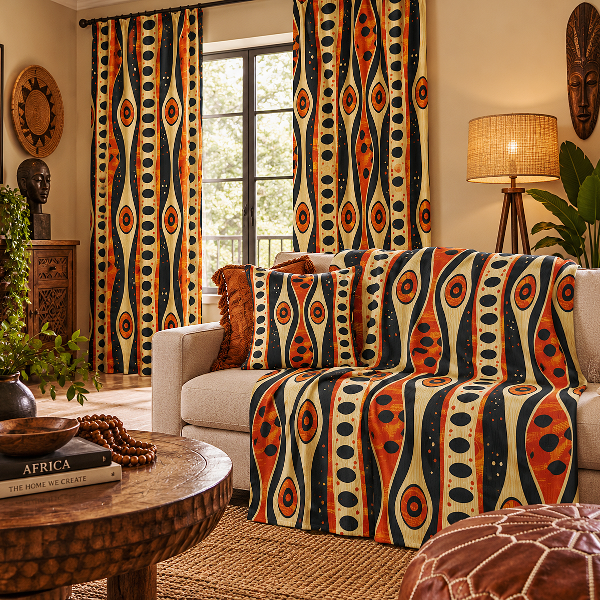 A styled living room featuring a light beige sofa draped with a throw blanket and matching curtains, both printed with a bold retro vertical wave pattern in orange, dark blue, and cream. The room is decorated with a wooden coffee table, a leather pouf, a floor lamp, and various home decor items.