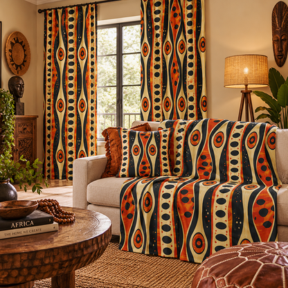 A styled living room featuring a light beige sofa draped with a throw blanket and matching curtains, both printed with a bold retro vertical wave pattern in orange, dark blue, and cream. The room is decorated with a wooden coffee table, a leather pouf, a floor lamp, and various home decor items.