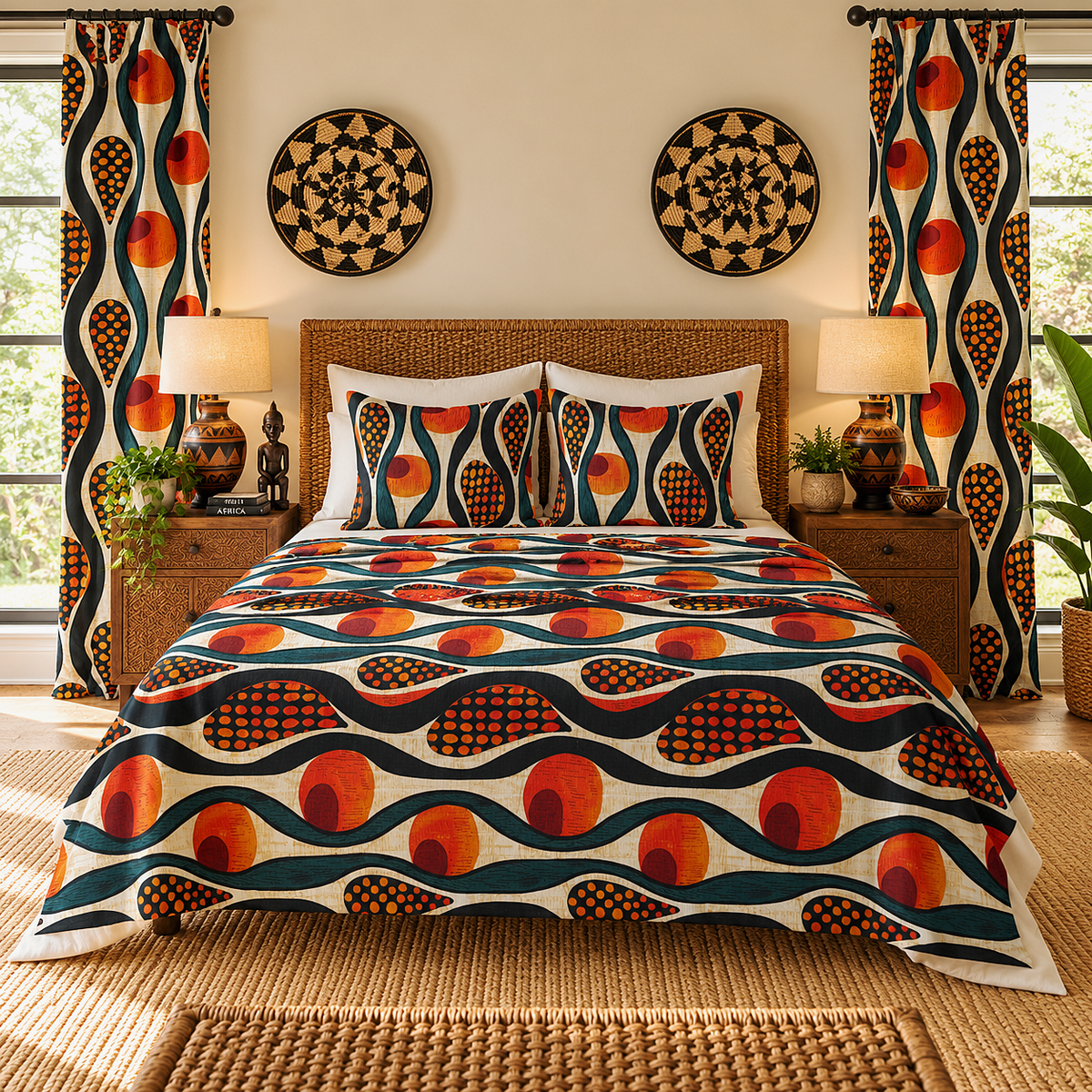 A styled bedroom featuring a bed dressed in a bold, retro-patterned bedding set with matching curtains. The pattern consists of wavy horizontal bands with orange circles, red dots, and dark teal abstract shapes on a cream background.