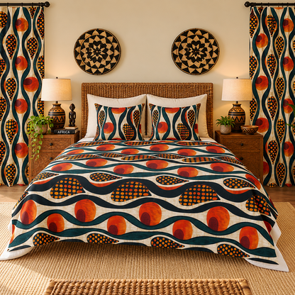 A styled bedroom featuring a bed dressed in a bold retro-patterned comforter and matching pillow shams, with matching curtains hanging on both sides. The pattern consists of orange circles, black dotted ovals, and dark teal wavy lines on a cream background.
