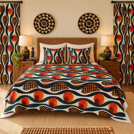 A styled bedroom featuring a bed dressed in a bold retro-patterned comforter and matching pillow shams, with matching curtains hanging on both sides. The pattern consists of orange circles, black dotted ovals, and dark teal wavy lines on a cream background.