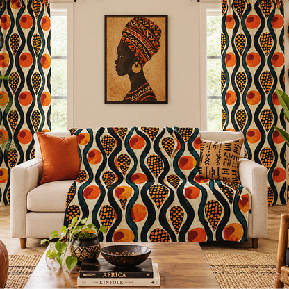 A styled living room scene featuring a white sofa draped with a bold patterned throw blanket and matching patterned curtains hanging on both sides of two windows. The textile has a retro wave design in orange, black, and cream.