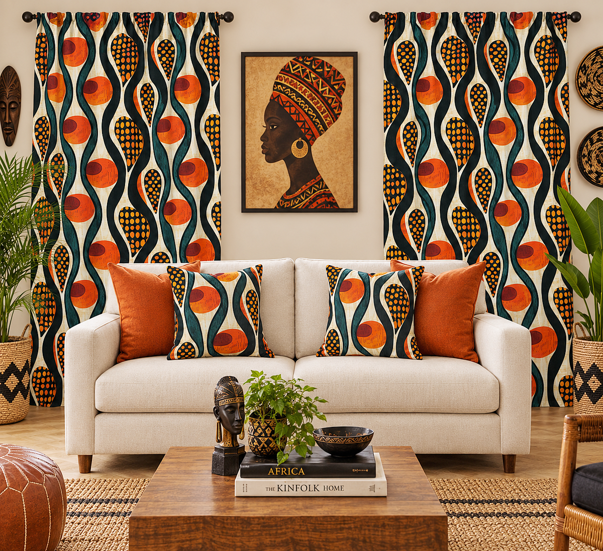 A styled living room featuring a cream sofa with orange and patterned accent pillows, set against a wall with matching patterned curtains, a framed portrait, and plants.