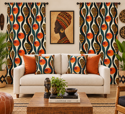 A styled living room featuring a cream sofa with orange and patterned accent pillows, set against a wall with matching patterned curtains, a framed portrait, and plants.