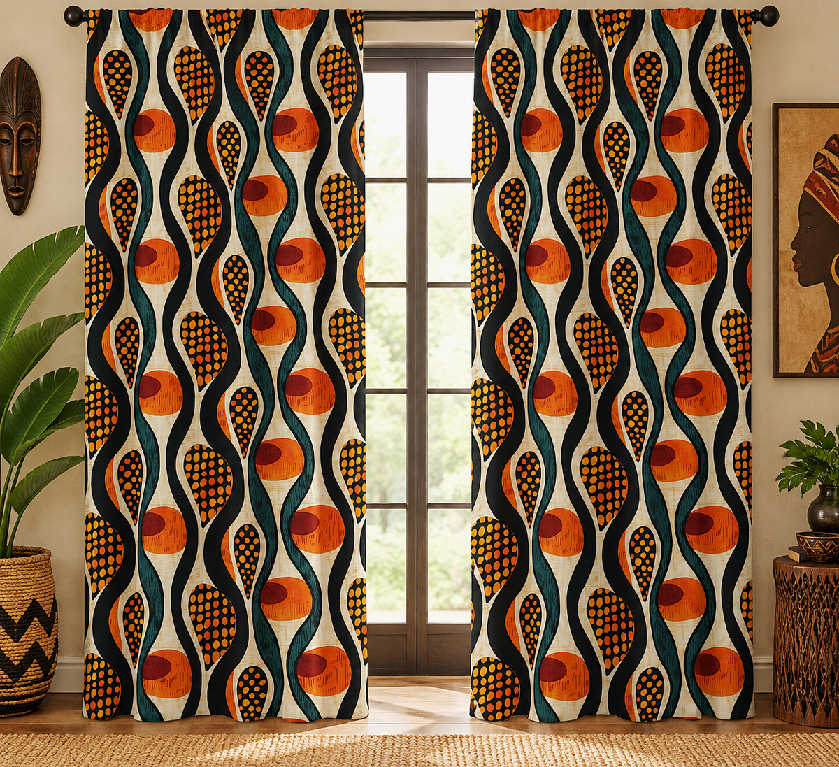 A pair of long window curtains hanging on a rod in a styled room. The curtains feature a bold retro wave pattern with orange, black, and cream colors.