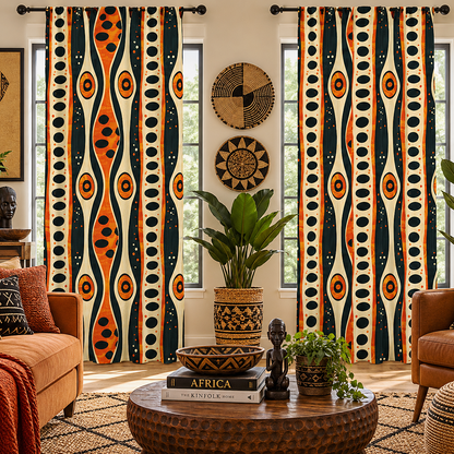 A pair of long window curtains featuring a bold African-inspired geometric pattern with vertical wavy stripes in orange, black, and cream, styled in a warm, modern living room setting.