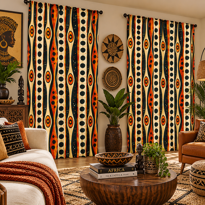 A pair of long patterned curtains hanging in a styled living room. The curtains feature a bold vertical tribal-style design with wavy stripes in orange, black, and cream, accented with circular motifs.