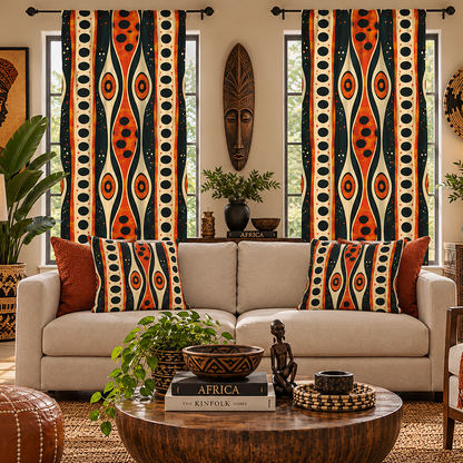 A styled living room featuring a cream sofa with matching patterned throw pillows, two tall patterned window curtains in orange, black, and cream, and a round wooden coffee table in the foreground.