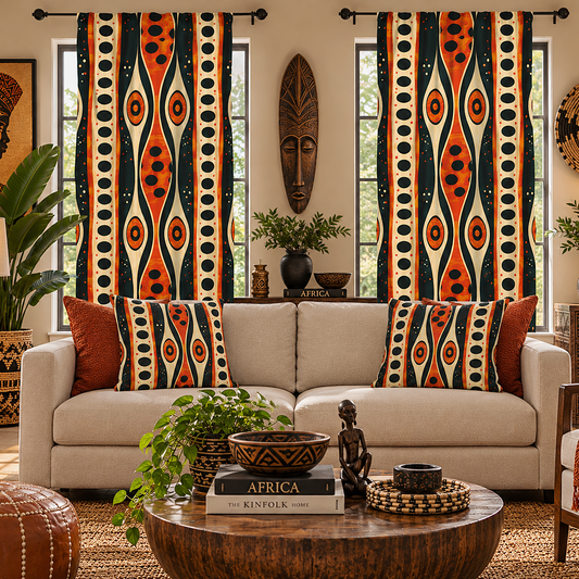 A styled living room featuring a cream sofa with matching patterned throw pillows, two tall patterned window curtains in orange, black, and cream, and a round wooden coffee table in the foreground.