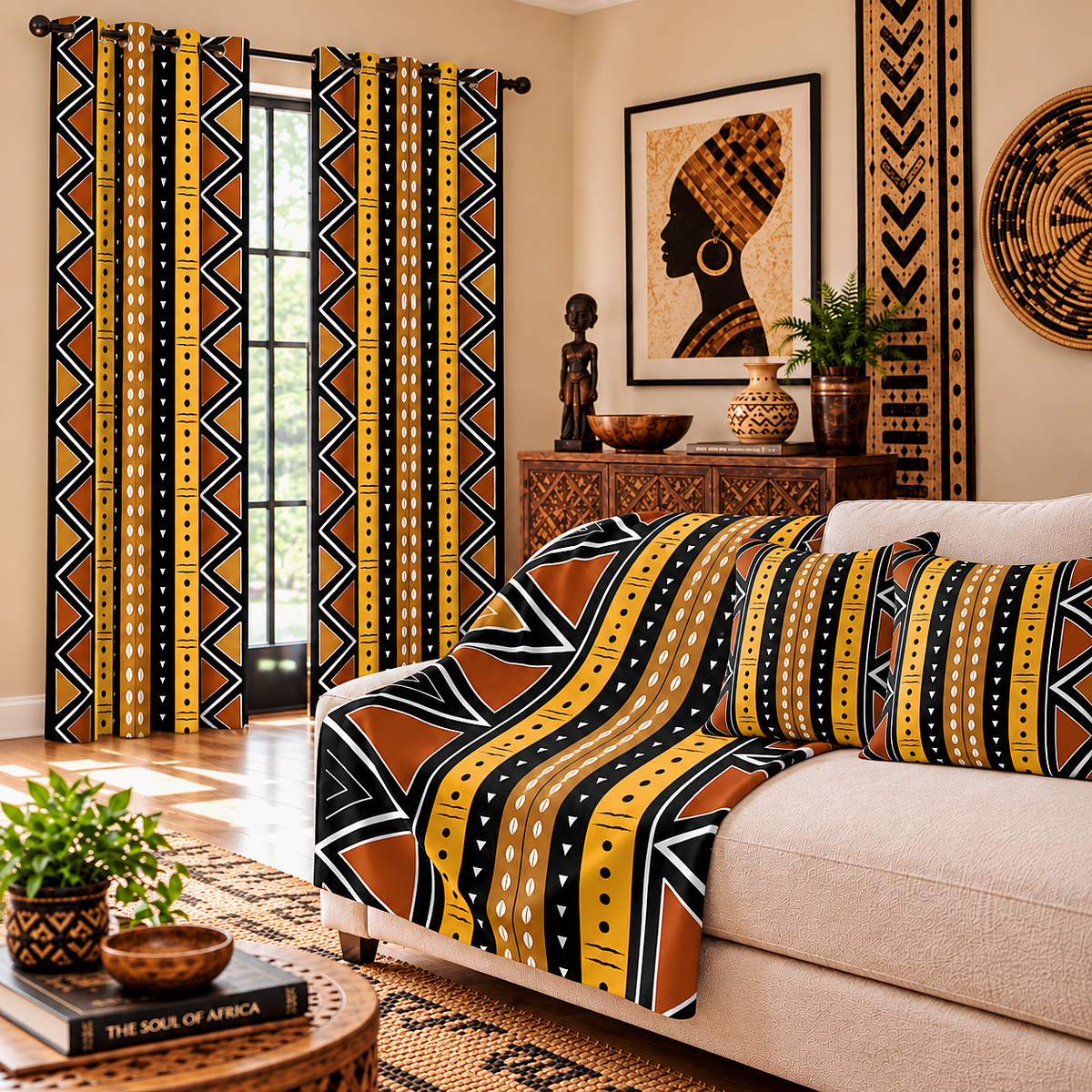 A styled living room featuring curtains and a throw blanket with a bold African-inspired geometric pattern in mustard yellow, terracotta orange, black, and white. The pattern includes vertical stripes, triangles, and dotted bands.