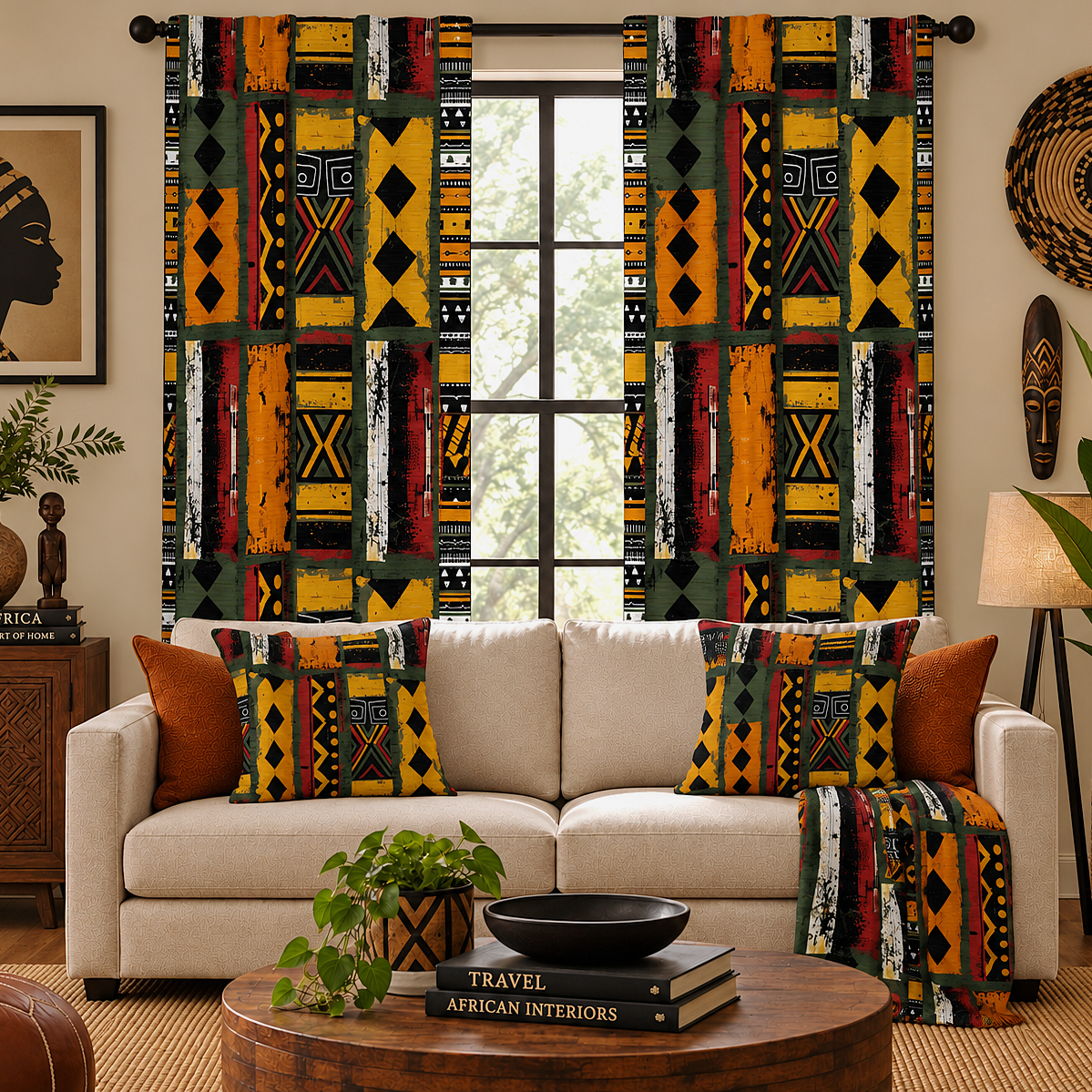 A pair of long window curtains featuring a bold African-inspired geometric patchwork pattern in yellow, black, red, and green, styled in a modern living room setting with a beige sofa and matching accent pillows.